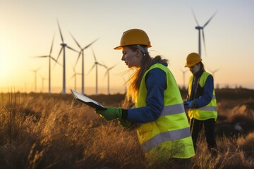Two environmental workers in a wind power generation field, collaborating on sustainable energy projects, maintaining and monitoring wind turbines to support green energy initiatives, generative ai - obrazy, fototapety, plakaty
