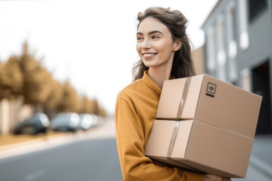 Happy delivery woman carrying boxes, a cheerful female courier holding packages, providing efficient and reliable shipping service for customers, generative ai
