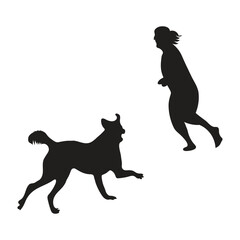 A young beautiful woman runs having fun with her dog. Vector silhouettes 