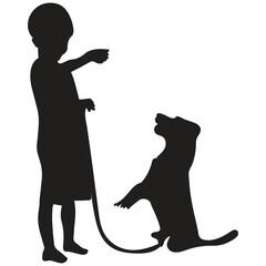 The silhouette of a little boy stands on the dog's hind legs and teaches him tricks.