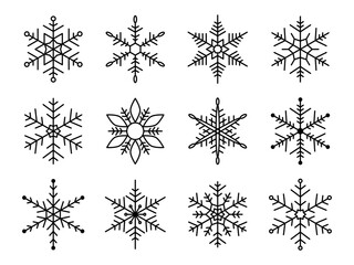 Snowflake for snow design. Black silhouette snowflakes isolated on white background. Freeze symbol. Snow flake icon. Ice crystal graphic. Clipart for winter prints. Simple shape. Vector illustration