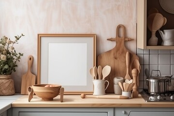 Large brown wooden picture/photo frame on the counter of a kitchen with wooden utensils in the background