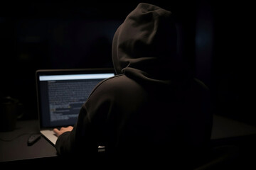 Hoodie Hacker at Work. Computer Hacking on Blur Background with Online Monitor