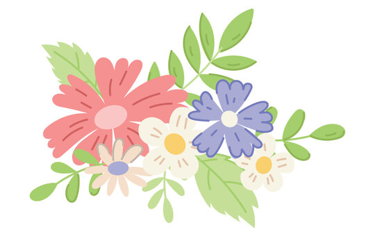 Bundle of Flat Field Flowers and Leaves on twigs. Vector isolated Bouquet of cartoon daisies and cornflowers.