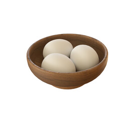 three eggs in a wooden bowl isolated on white background. 3d rendering illustration