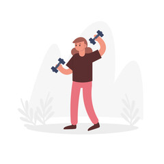Fototapeta premium Cartoon character of athletic woman lifting dumbbell. Regular physical activity. Joining healthy lifestyle. Feeling happy when doing morning training. Vector
