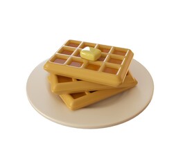 belgian waffles with syrup and butter on plate isolated on white background. 3d rendering illustration