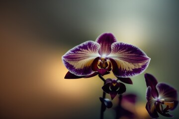 Macro photo of black-gold orchids. Wildlife concept of ecological environment. Generative AI