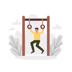 Cartoon character of young man doing exercises on bars. Workout with sportive equipment. Time for sports exercises. Active and healthy lifestyle. Vector