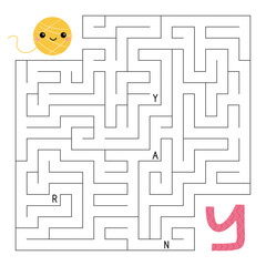 Learn letters. ABC maze game. Educational puzzle for kids. Help kawaii yarn ball find right way to the letter Y. Activity worksheet with labyrinth. Learn English language. Vector illustration.