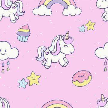 Cute little unicorn decorated with rainbow and cloud seamless pattern on pink background with snow dot.