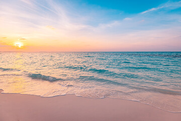 Orange golden sunset sunrise sky calm tranquil relaxing sunlight summer. Closeup sea sand beach....