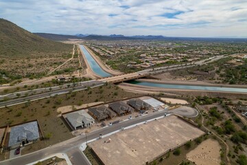 Aerial view of the Central Arizona Project and new homes in VIstancia, Arizona