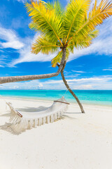 Tropical freedom beach sunny summer landscape, luxury resort beach palm swing hammock, sand seaside shore for sunset beach landscape. Tranquil sea bay horizon, vacation summer holiday carefree concept