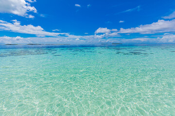 Beautiful closeup sea sand beach. Panoramic beach landscape. Inspire tropical beach seascape wave horizon. Sunny sky calmness tranquil relaxing sunlight summer concept. Vacation travel holiday banner