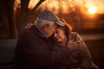 a senior couple embracing on a park bench, fictional persons created with generative ai