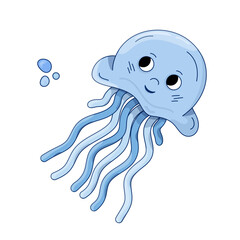 Jellyfish blue cartoon vector illustration with air bubble. Isolated Ocean animal. Marine theme.