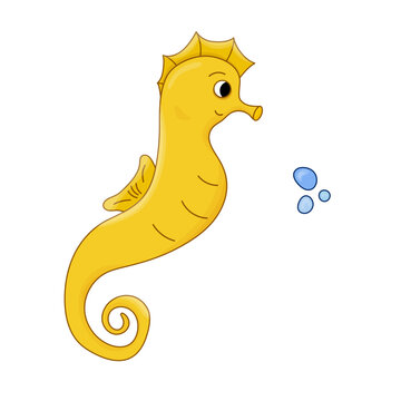 recommend clip art: Seahorse yellow cartoon vector illustration, air bubble. Hippocampus Isolated Ocean Marine animal.