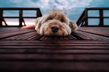 Closeup of an adorable Goldendoodle puppy face captured while it is laying on the dock by the beach