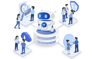 Business people discussion, brainstorming and analysis of AI science. future project ideas to develop and improve virtual reality technology. 3d Isometric vector illustration.