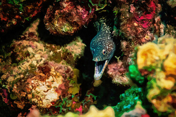 Digitally created watercolor painting of a Spotted Moray Eel hiding on a coral reef