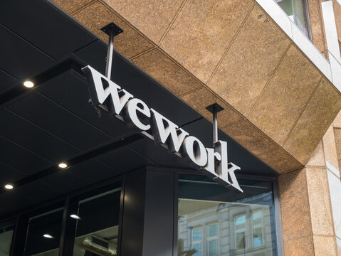London, UK, April 15th 2023:Wework main entrance office sign. Coworking and office space to rent. Located at  51 Eastcheap, London EC3M 1DT. 