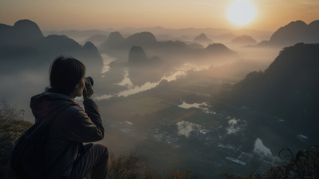 Woman taking photo of beautiful mountain landscape. Generative AI