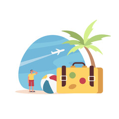 Cartoon character of young man spending time discovering new places. Male tourist with luggage relaxing in warm country. Time for summer holidays. Vector