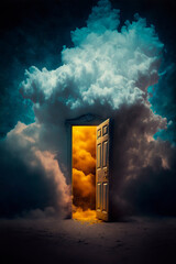 door to heaven, image created with ia showing an open door in a celestial place surrounded by clouds