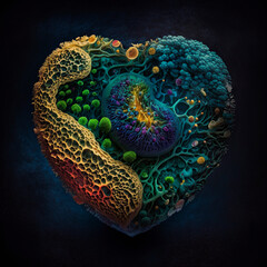 heart shaped fractal, image created with ai showing a microcellular life form in the shape of a heart, concept of life and health

