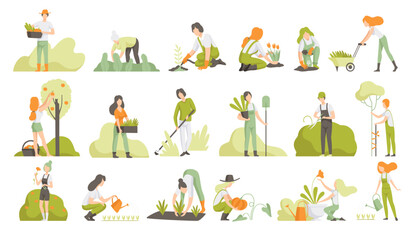 People Garden Worker Planting, Harvesting, Watering and Cultivating Crop Vector Set - obrazy, fototapety, plakaty