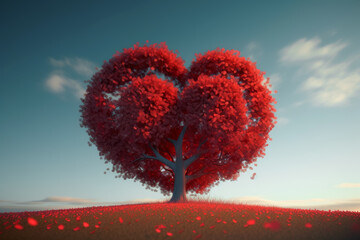 San Valentin,arbol rojo en forma de corazón, ilustración de IA generativa.