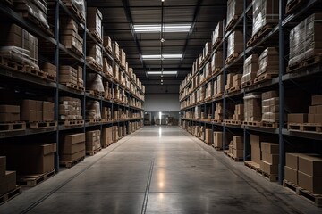 A large warehouse hall with shelves on which packages are placed. generative ai.