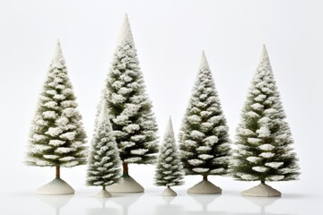 group of snow-covered and frozen spruce trees standing alone on white. Generative AI