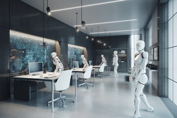 Fototapeta na wymiar Interior of an office ran by robots