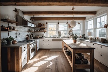 Beautiful kitchen in natural style. Warm pastel white and wooden elements used in the interior. Generative AI
