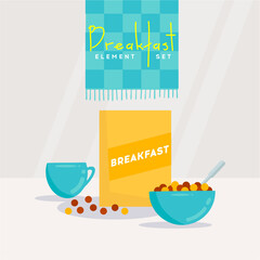 Breakfast elements set with cup and bowl of flakes 