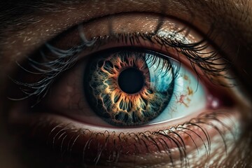 Close up detail beautiful female blue and green eye. Macro, fashion natural makeup, iridology medicine. Generative AI