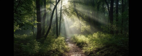 Green forest in the summer illuminated by the rays of the sun.   A moody and beautiful landscape. Travel concept. Generative AI.