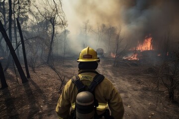 Naklejka premium Brave Firefighters Rushing to the Scene, Viewed from Behind, Generative AI