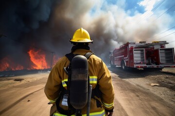 Brave Firefighters Rushing to the Scene, Viewed from Behind, Generative AI