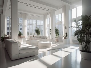 modern bright living room. White walls and furniture in sunny day. Scandinavian style. generative ai