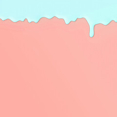 Blue paint droplets drip on light pink square wall copy space background template