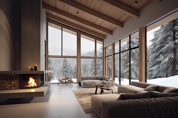 Romantic charming cottage in the mountains in winter. Living room with large window and fireplace. Generative AI
