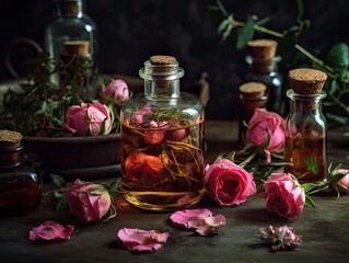 Obraz na płótnie Canvas Roses on a wooden table prepared to make rose oil. Glass bottles with the finished oil. Dry rose petals scattered on the table.. Dark background. Generative AI.