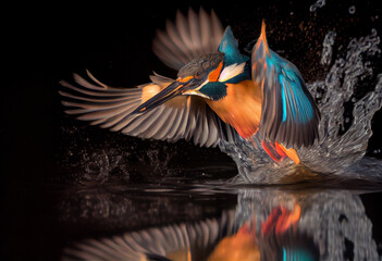 Obraz premium Common European Kingfisher (Alcedo atthis). Kingfisher flying after emerging from water with caught fish prey in beak on green natural background.