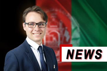 News anchor, tells the latest news, smiling, against the background of the flag of Afghanistan