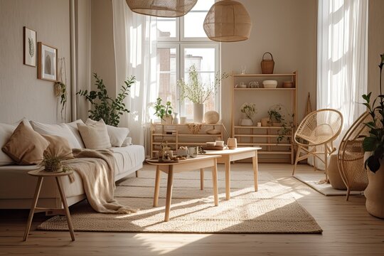 A  studio apartment decorated in a Boho style. Warm pastel white and wood are used in the interior. Generative AI