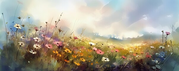 meadow with spring flowers, painted in watercolor style, Generative AI illustration