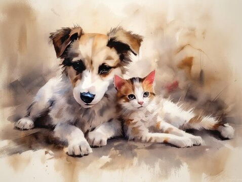 A dog with a cat lying together. Illustration in watercolor painting style. Generative AI